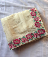White Pure Crush Silk Multicolor Floral Designer Embroidered Saree