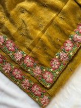 Mustard Pure Crush Silk Multicolor Floral Designer Embroidered Saree