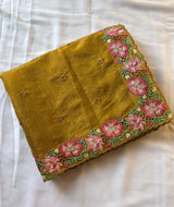 Mustard Pure Crush Silk Multicolor Floral Designer Embroidered Saree