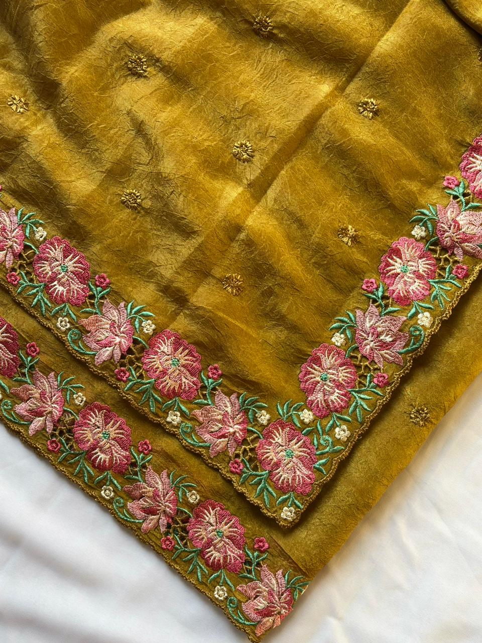 Mustard pure crush silk multicolor floral designer embroidered saree