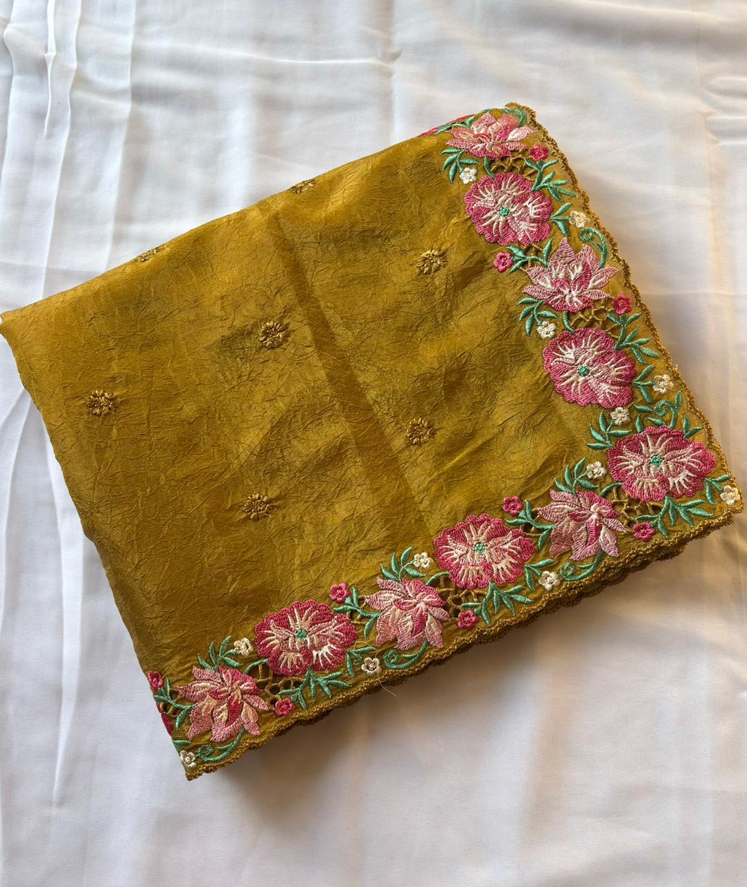 Mustard pure crush silk multicolor floral designer embroidered saree