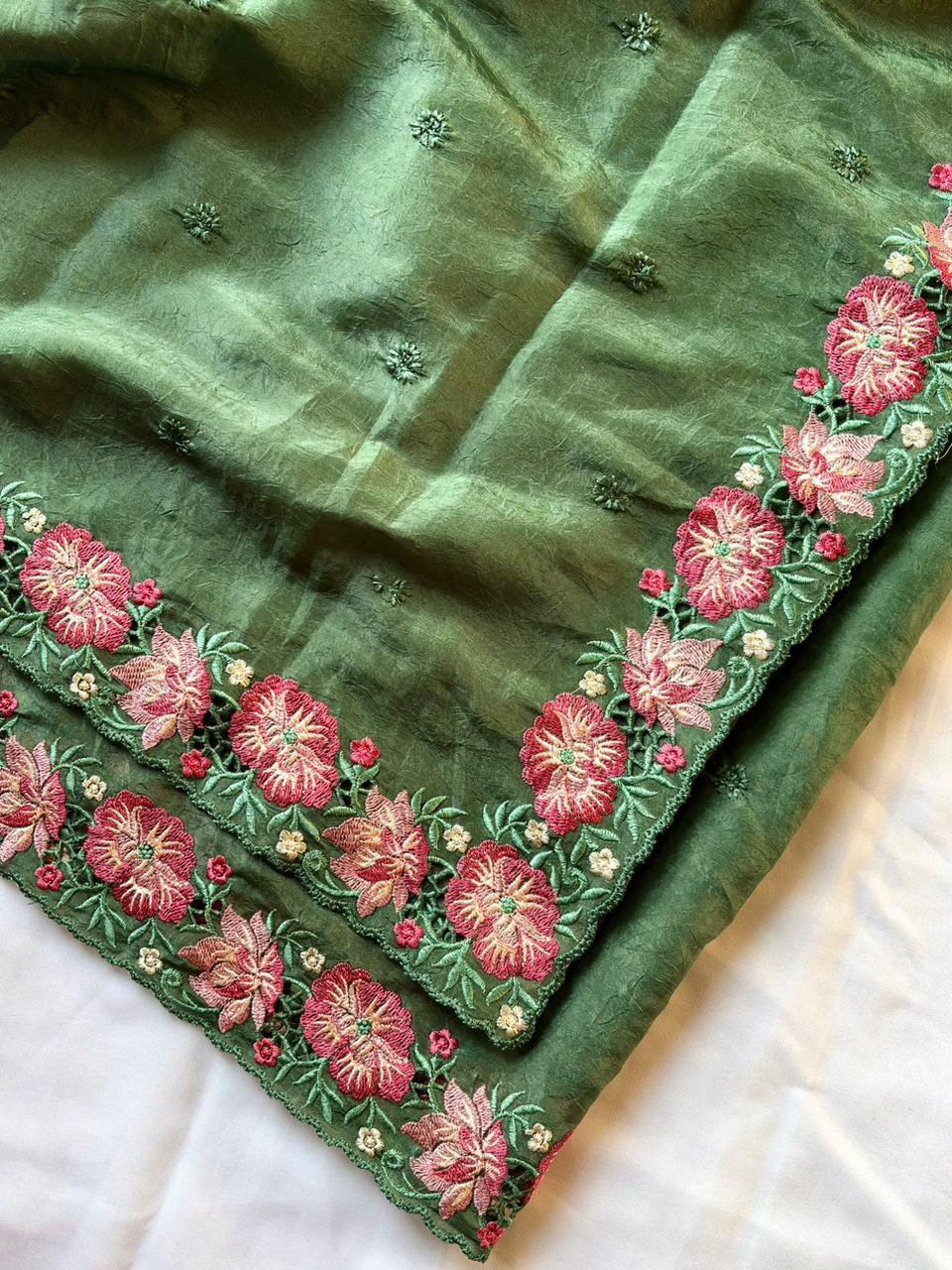 Green pure crush silk multicolor floral designer embroidered saree