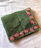 Green Pure Crush Silk Multicolor Floral Designer Embroidered Saree