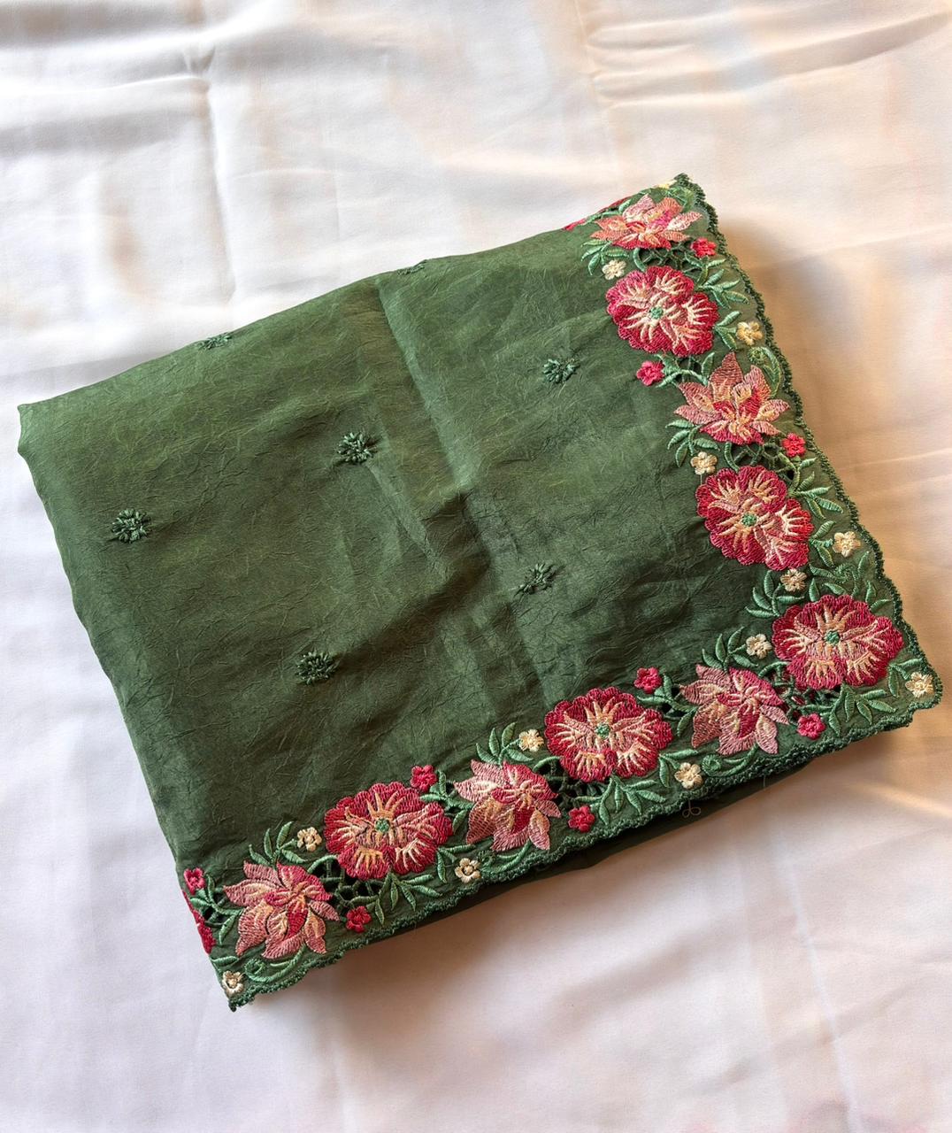 Green pure crush silk multicolor floral designer embroidered saree