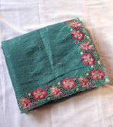 Teal Blue Pure Crush Silk Multicolor Floral Designer Embroidered Saree