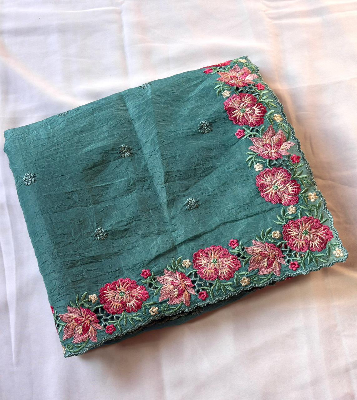 Teal Blue Pure Crush Silk Multicolor Floral Designer Embroidered Saree
