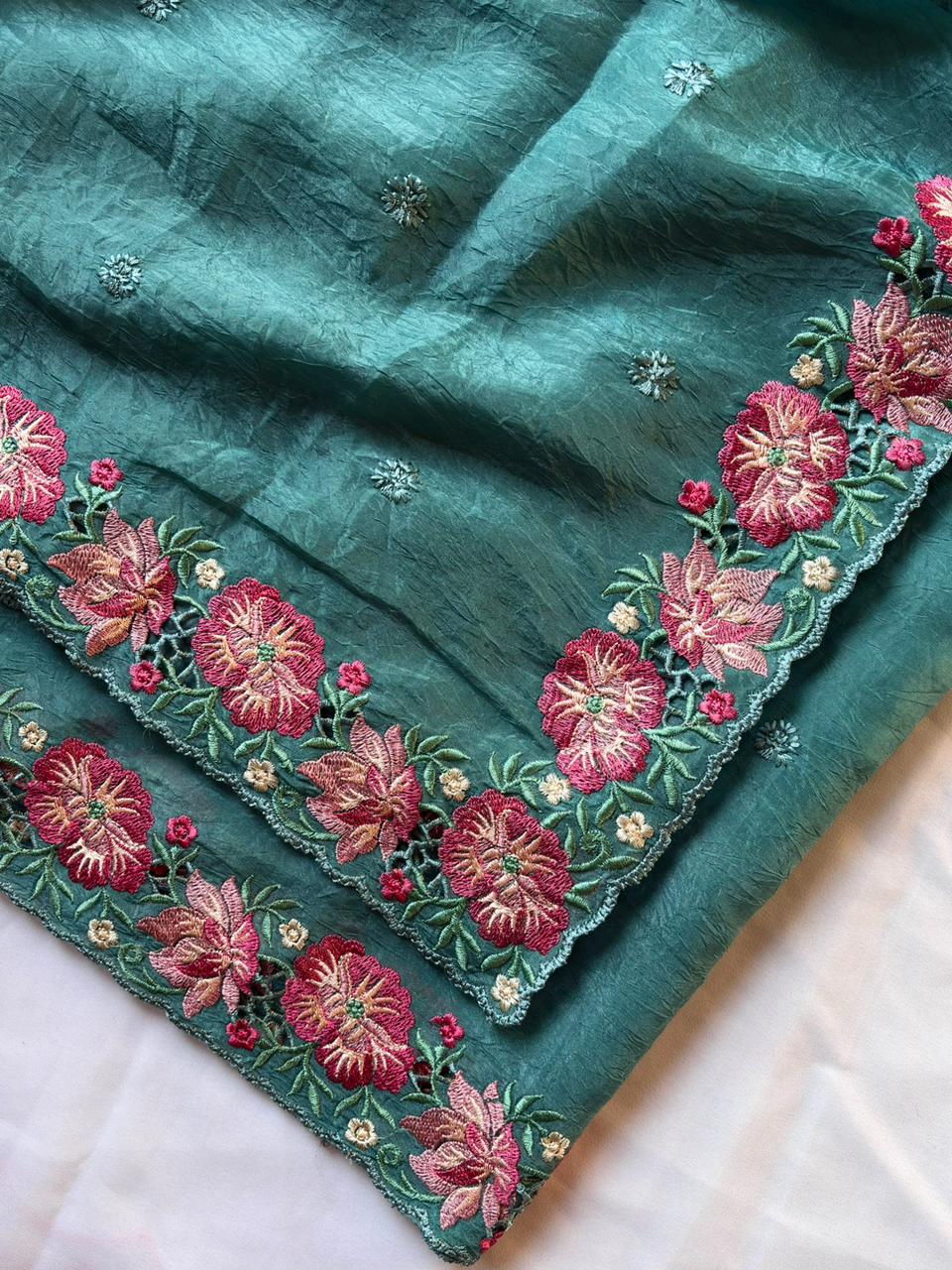 Teal blue pure crush silk multicolor floral designer embroidered saree
