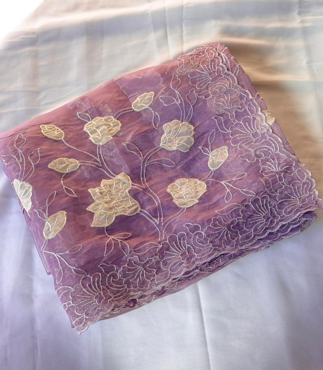 Lavender Pure Chanda Silk Applique Work Designer Saree