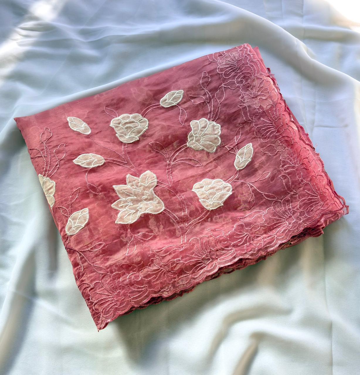 Coral Pink Pure Chanda Silk Applique Work Designer Saree