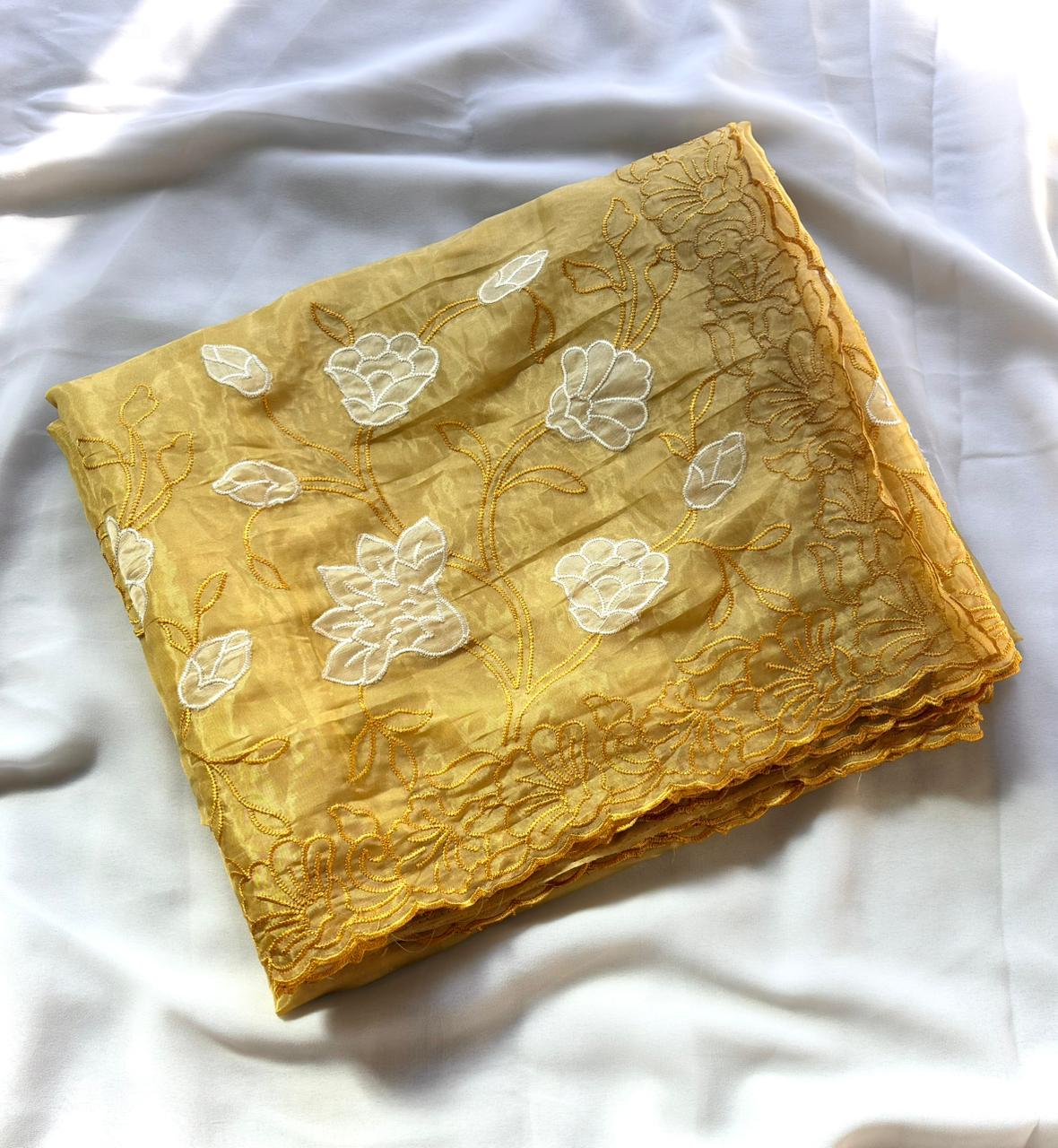Yellow pure chanda silk applique work designer saree