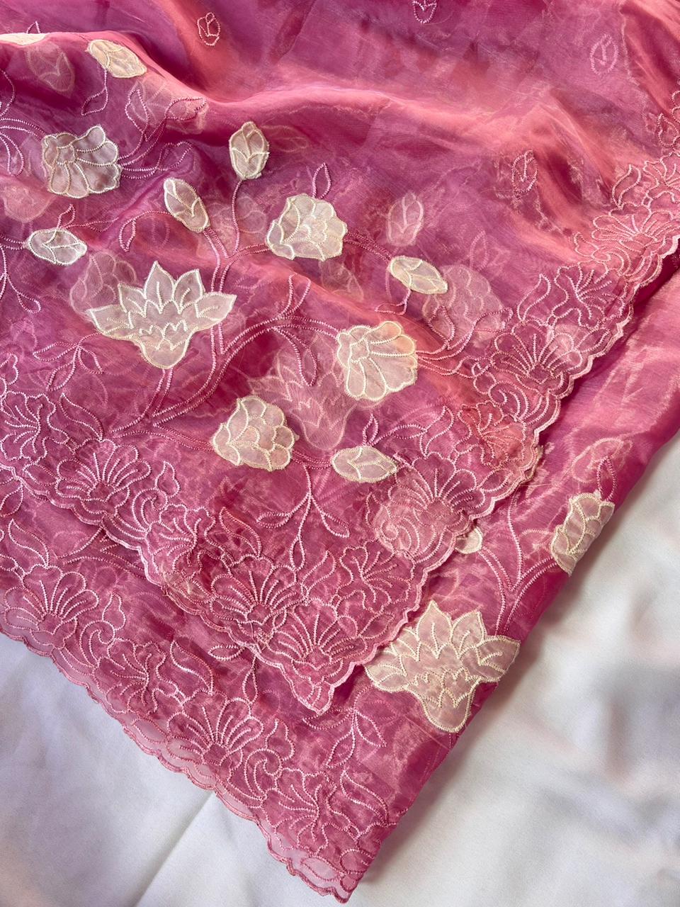 Pink Pure Chanda Silk Applique Work Designer Saree