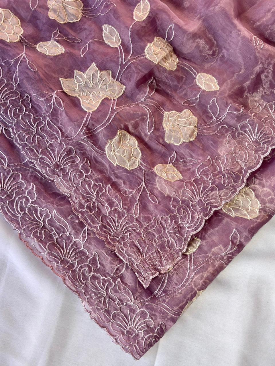 Lavender Pure Chanda Silk Applique Work Designer Saree