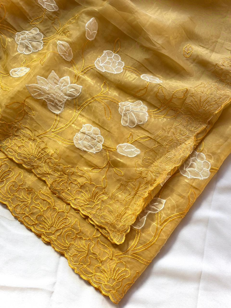 Yellow pure chanda silk applique work designer saree