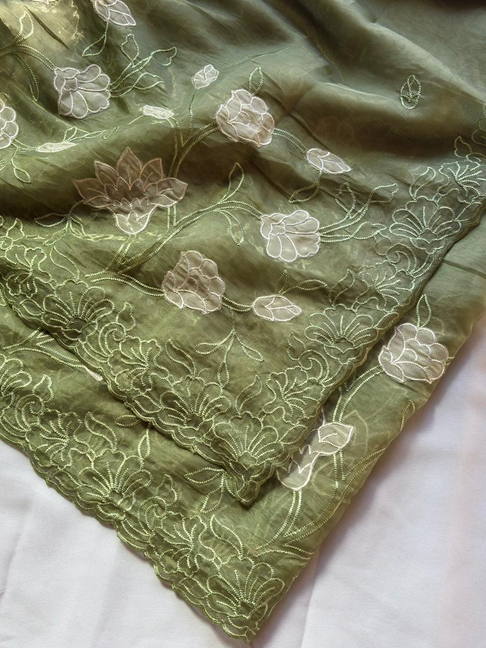 Pista Pure Chanda Silk Applique Work Designer Saree