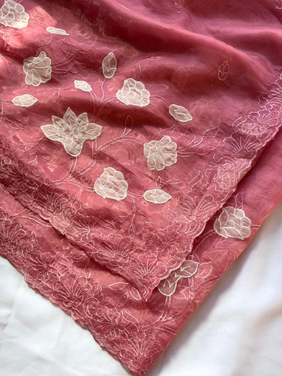 Coral pink pure chanda silk applique work designer saree