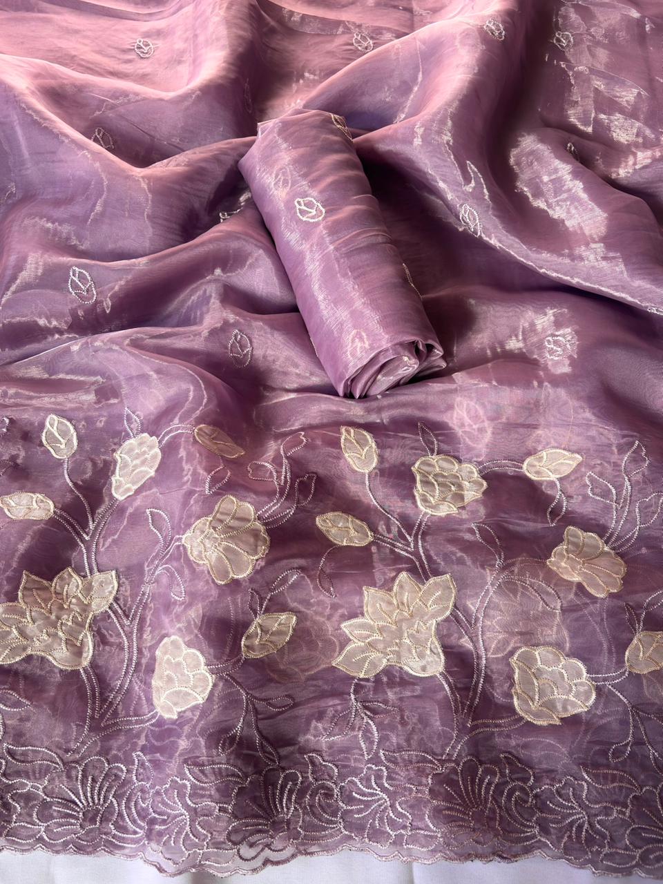 Lavender Pure Chanda Silk Applique Work Designer Saree