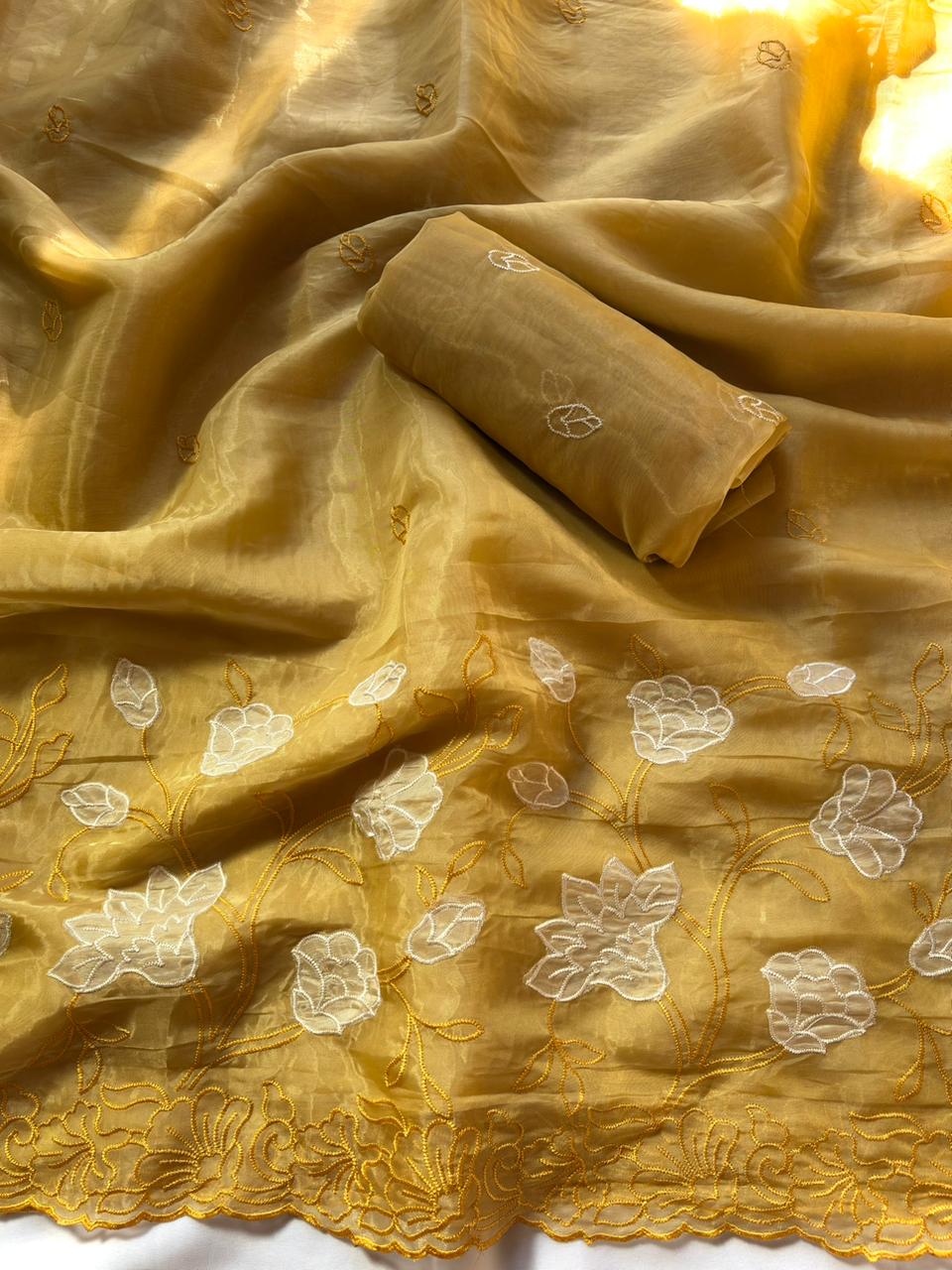 Yellow pure chanda silk applique work designer saree