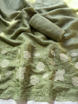 Pista Pure Chanda Silk Applique Work Designer Saree