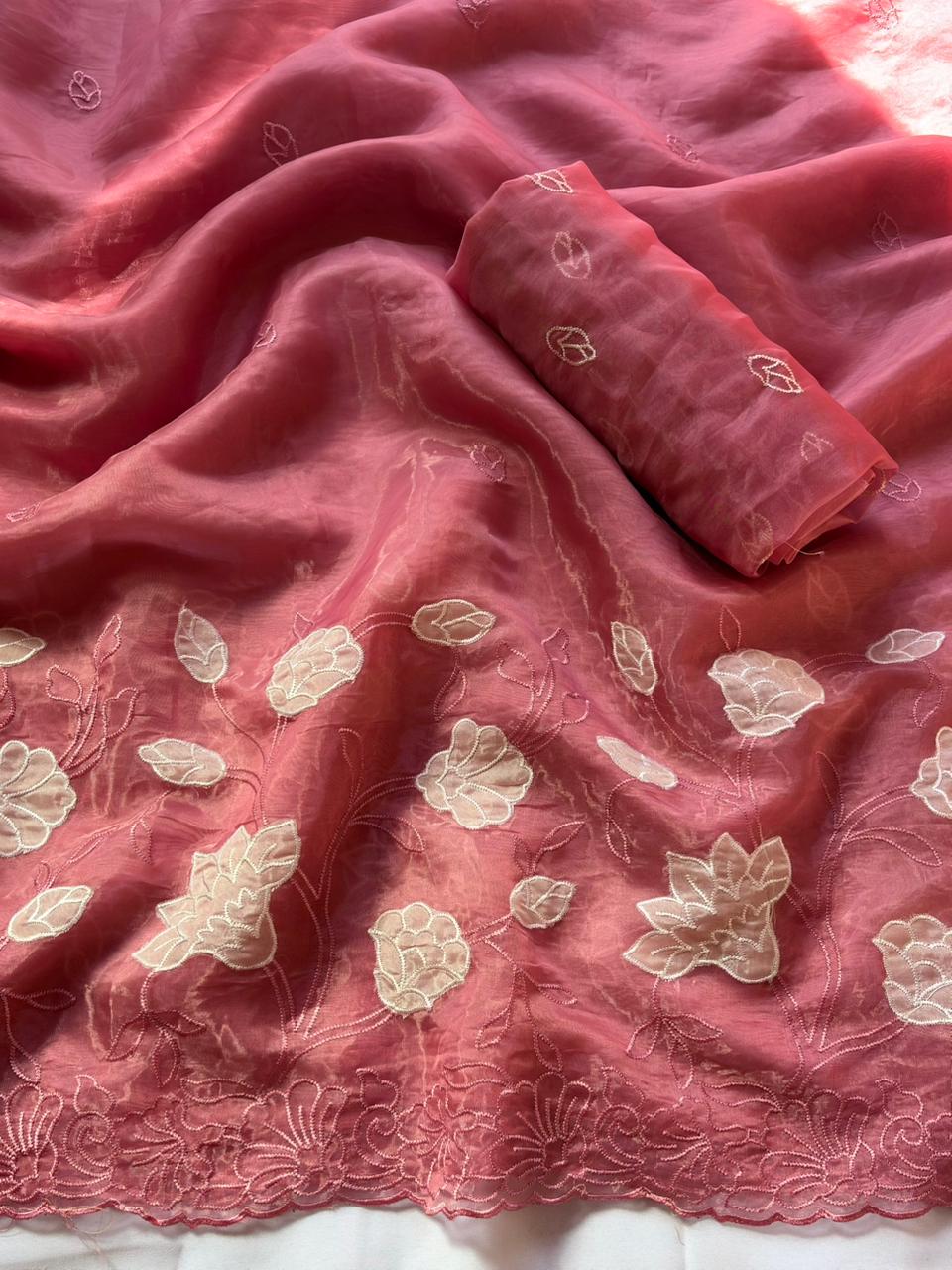 Coral Pink Pure Chanda Silk Applique Work Designer Saree