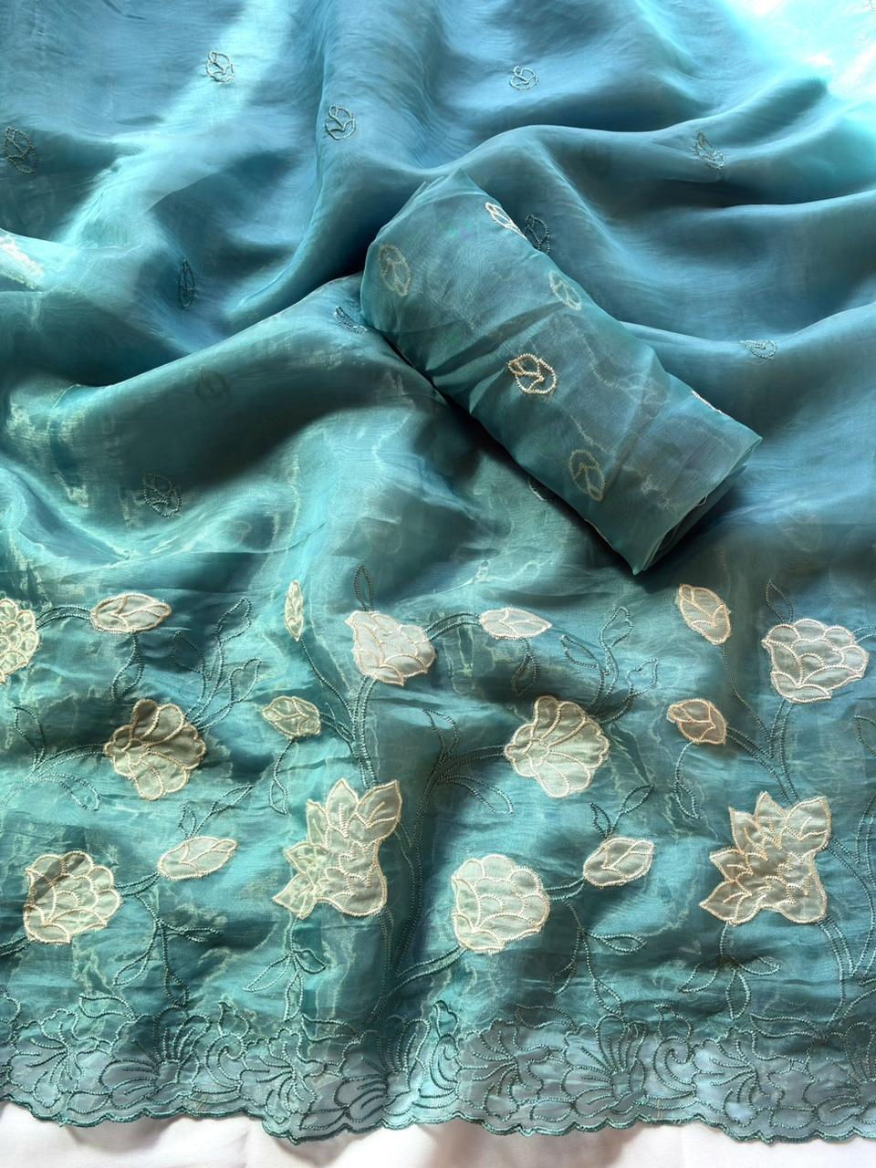 Sky Pure Chanda Silk Applique Work Designer Saree