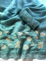 Sky Pure Chanda Silk Applique Work Designer Saree
