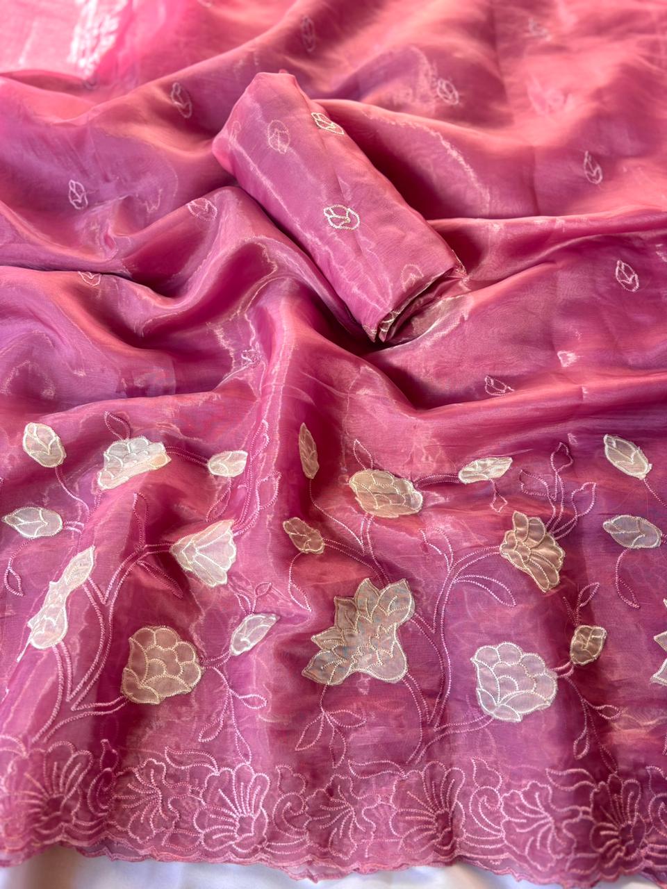 Pink Pure Chanda Silk Applique Work Designer Saree
