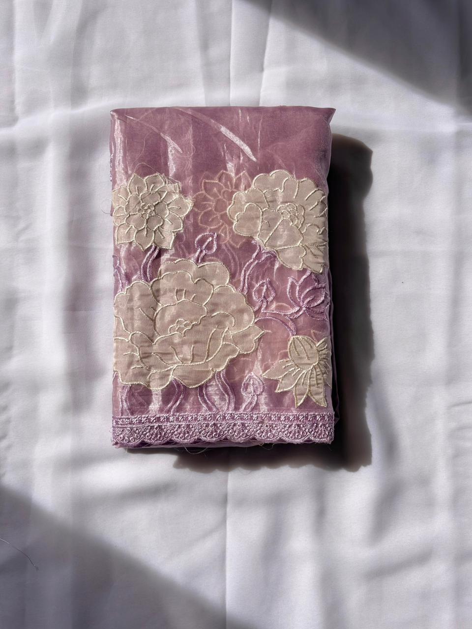 Lavender Pure Oris Silk Applique Work Designer Saree
