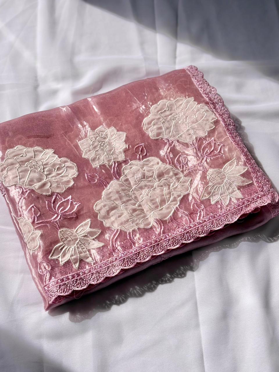Pink Pure Oris Silk Applique Work Designer Saree