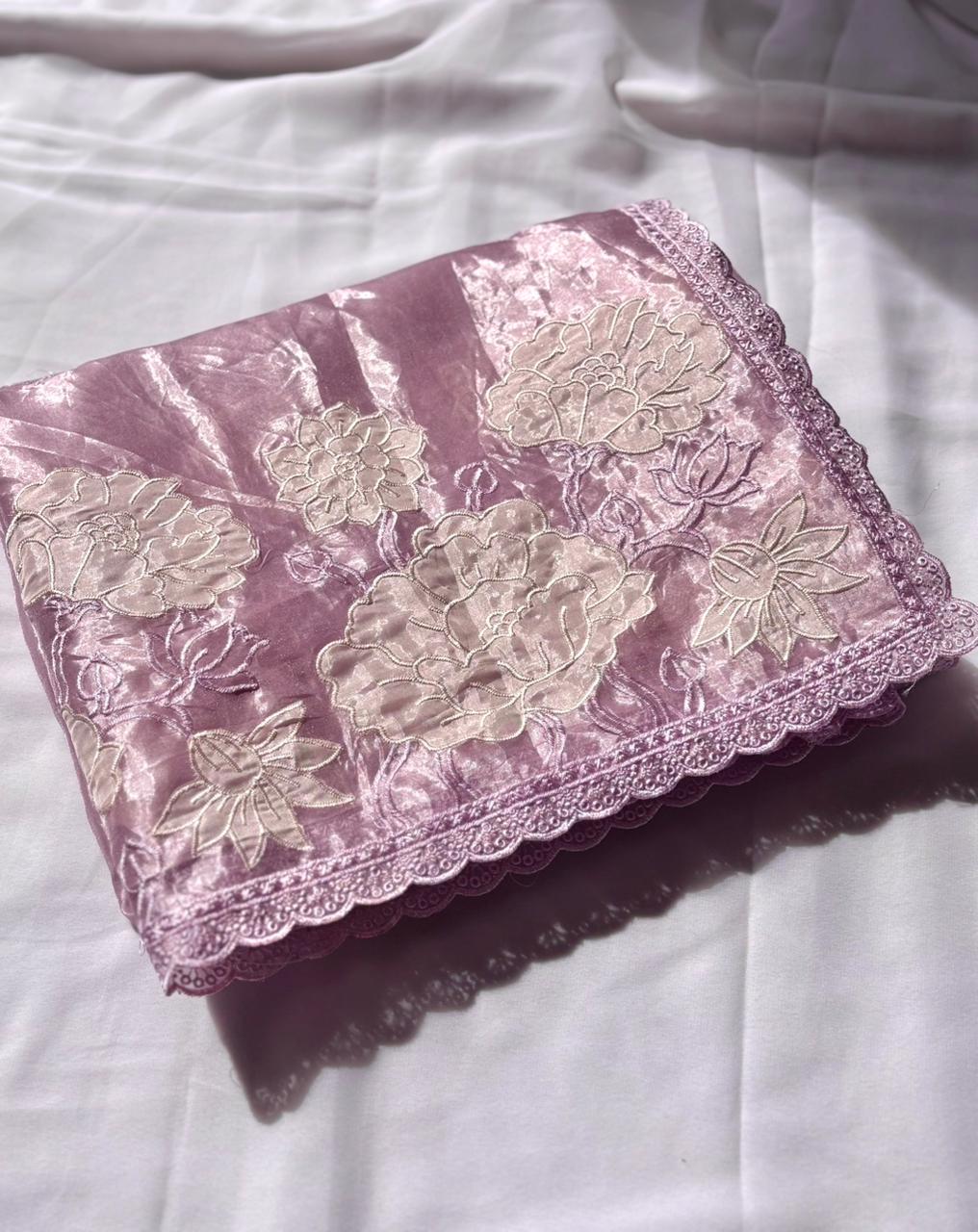 Lavender Pure Oris Silk Applique Work Designer Saree