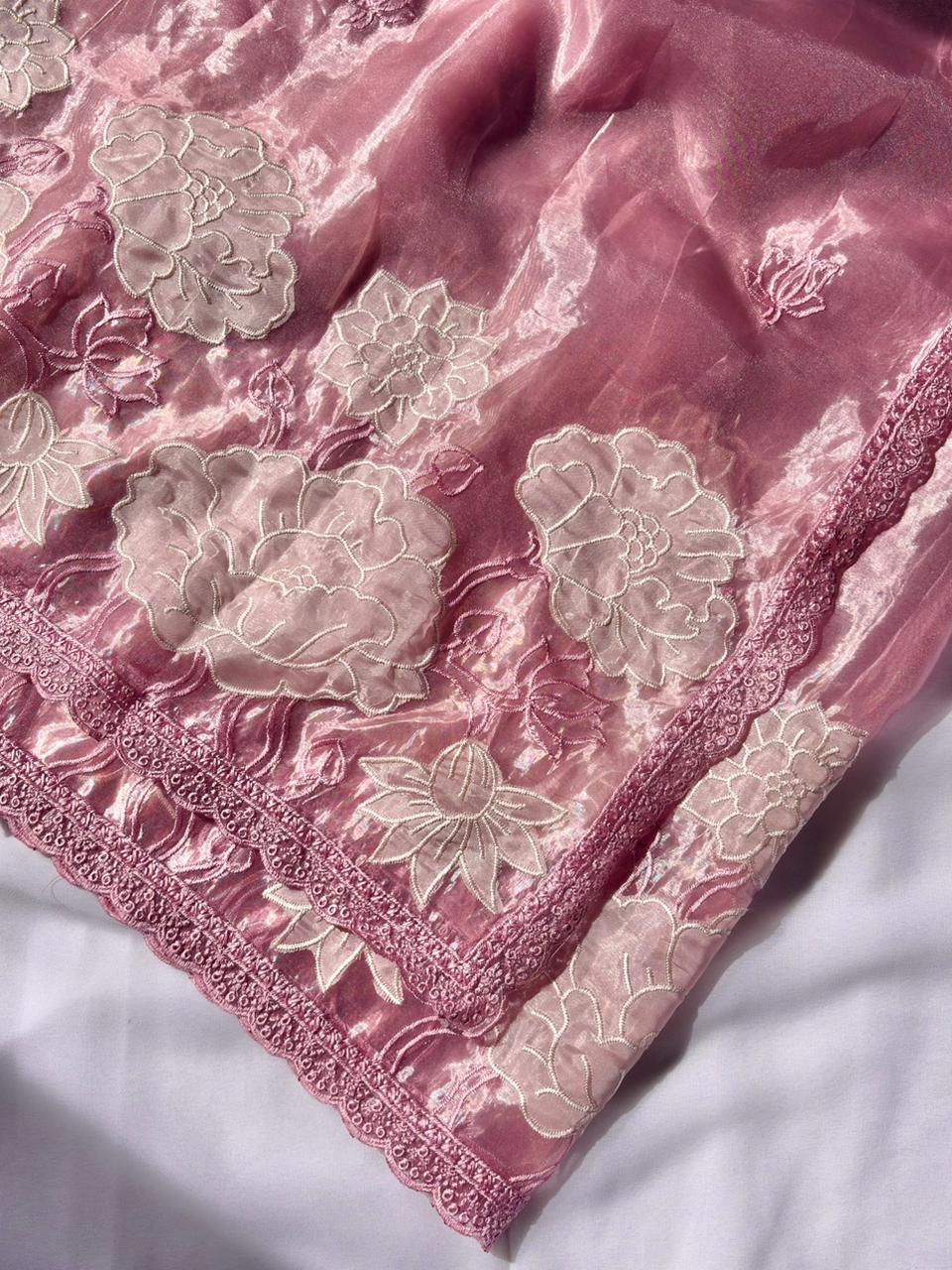 Pink Pure Oris Silk Applique Work Designer Saree
