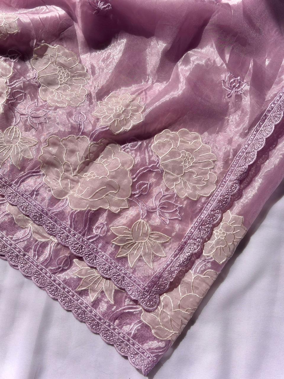 Lavender Pure Oris Silk Applique Work Designer Saree