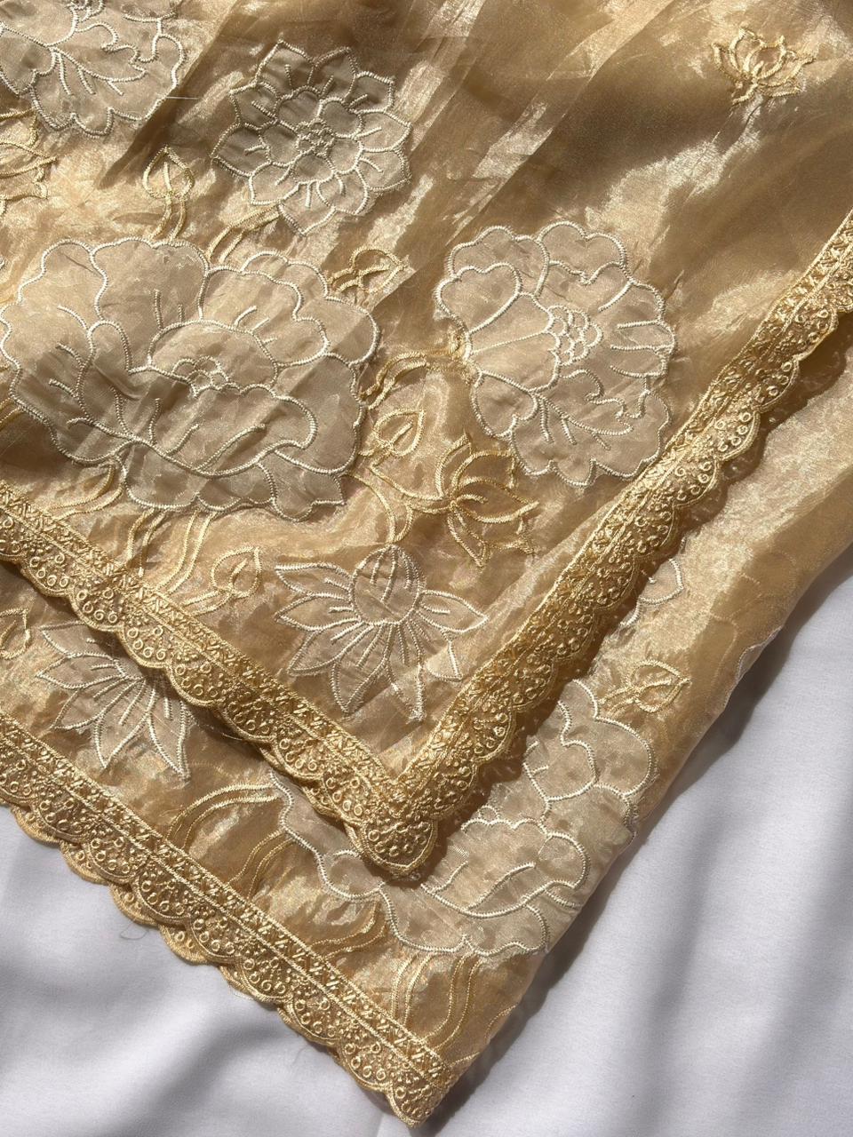 Yellow Pure Oris Silk Applique Work Designer Saree