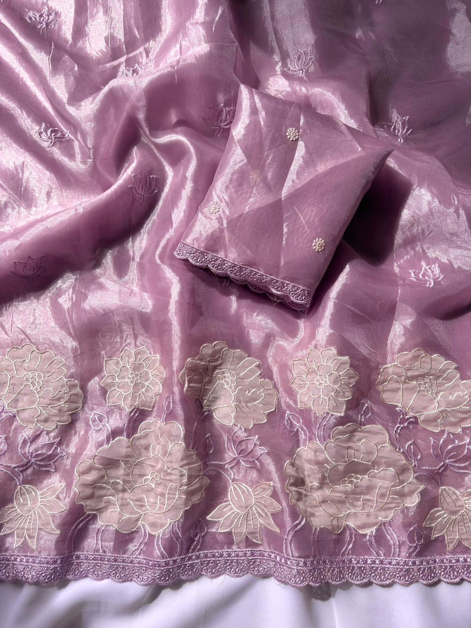 Lavender Pure Oris Silk Applique Work Designer Saree