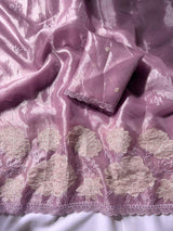 Lavender Pure Oris Silk Applique Work Designer Saree
