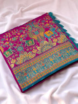 Pashmina Silk Darbari Saree with Meenakari Zari Woven Border Traditional Pallu with Tassels