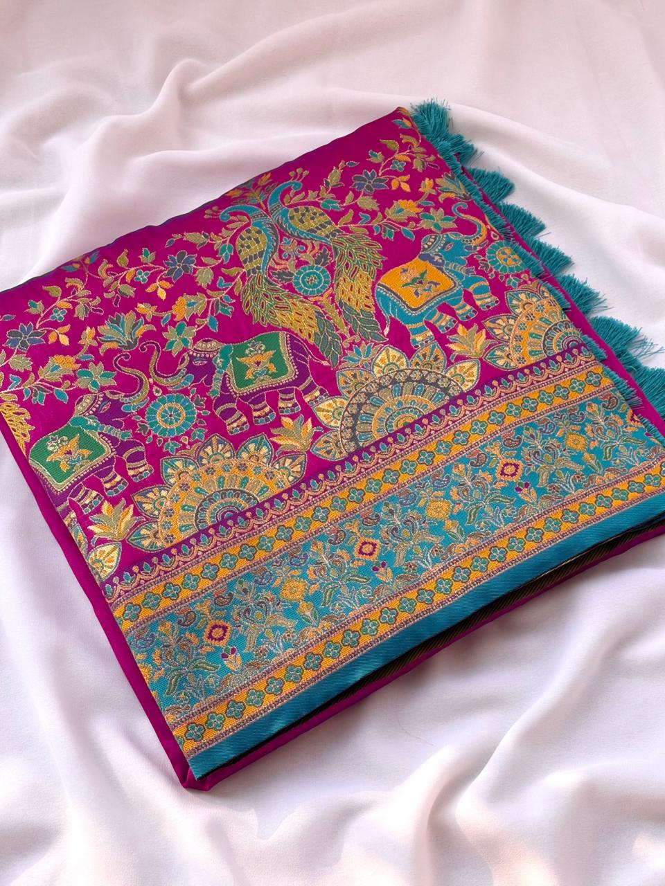 Pashmina Silk Darbari Saree with Meenakari Zari Woven Border Traditional Pallu with Tassels