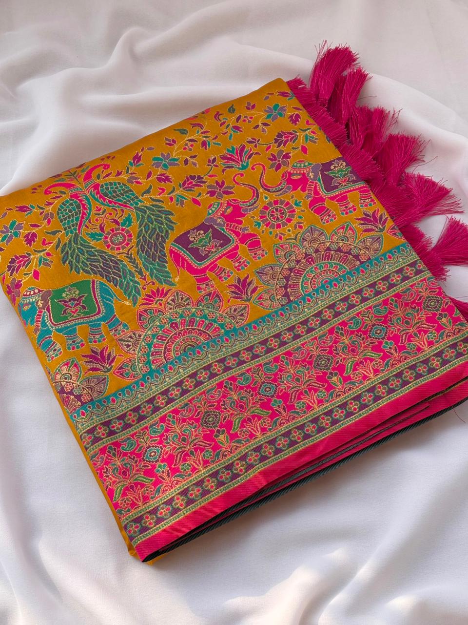 Pashmina Silk Darbari Saree with Meenakari Zari Woven Border Traditional Pallu with Tassels