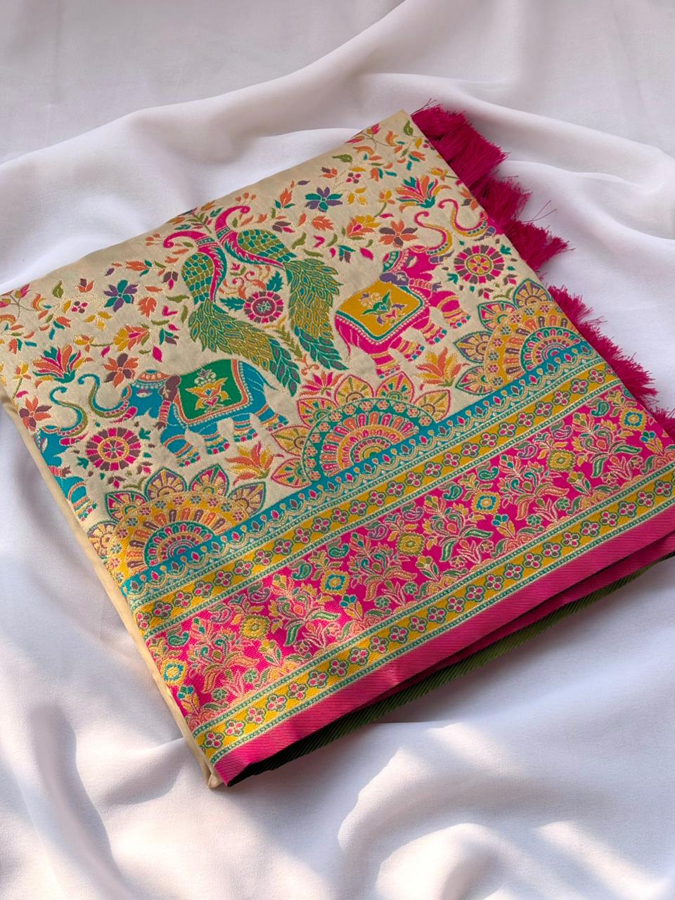 Pashmina Silk Darbari Saree with Meenakari Zari Woven Border Traditional Pallu with Tassels