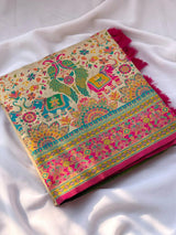 Pashmina Silk Darbari Saree with Meenakari Zari Woven Border Traditional Pallu with Tassels