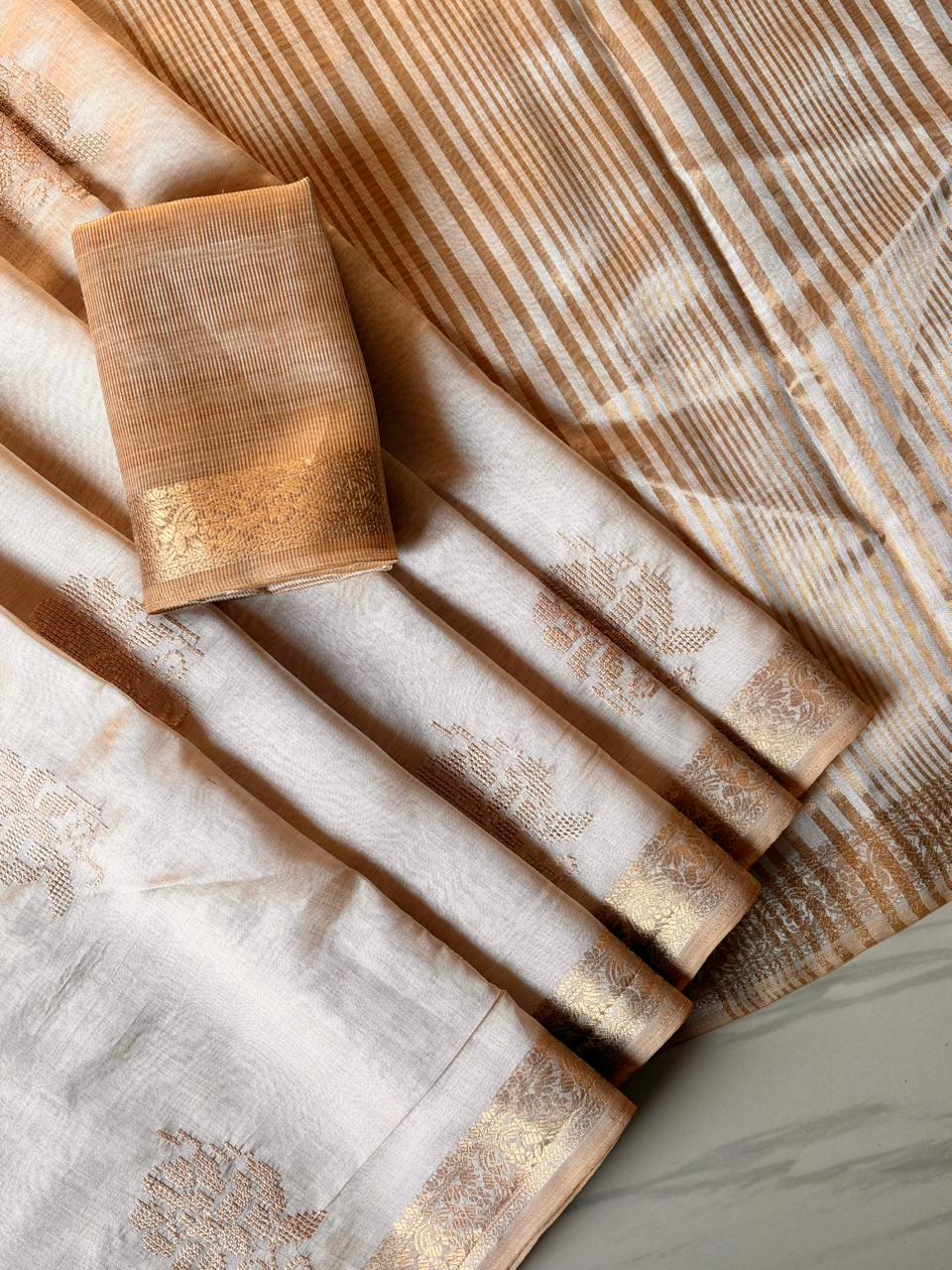 Chickoo Designer Tussar Silk with Cross Stitch Embroidered Saree