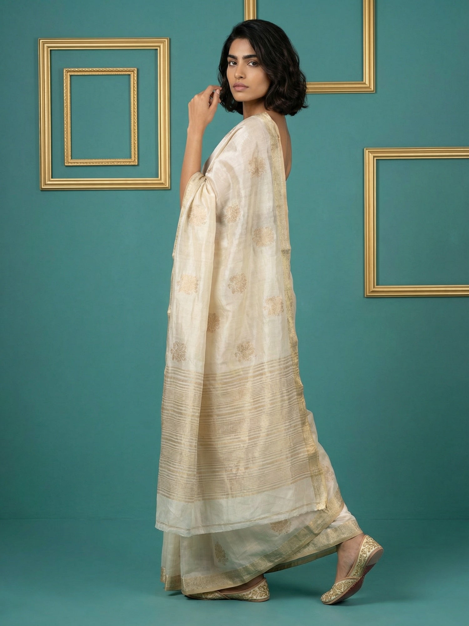 Designer Tussar Silk with Cross Stitch Embroidered Saree