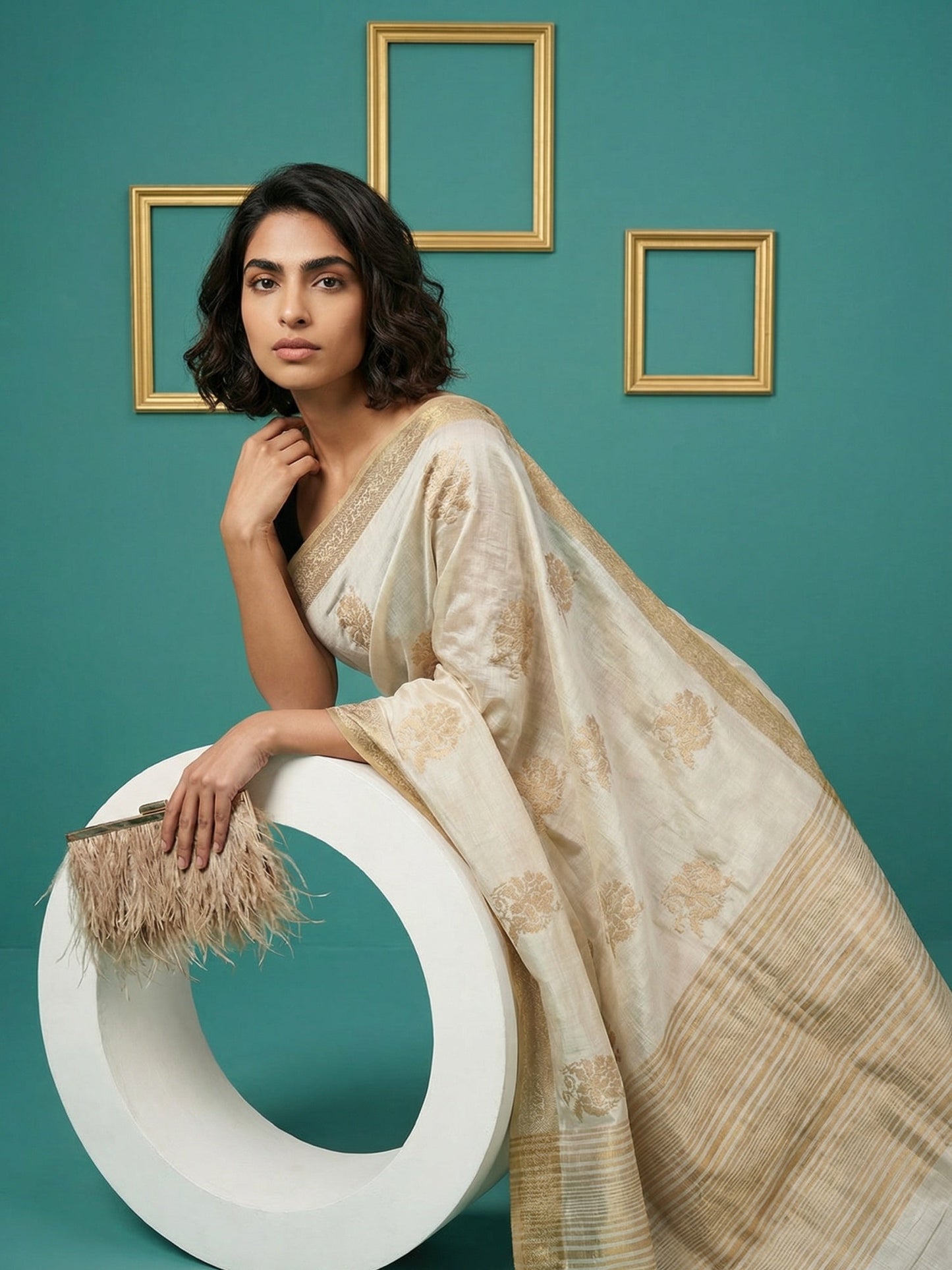 Designer Tussar Silk with Cross Stitch Embroidered Saree