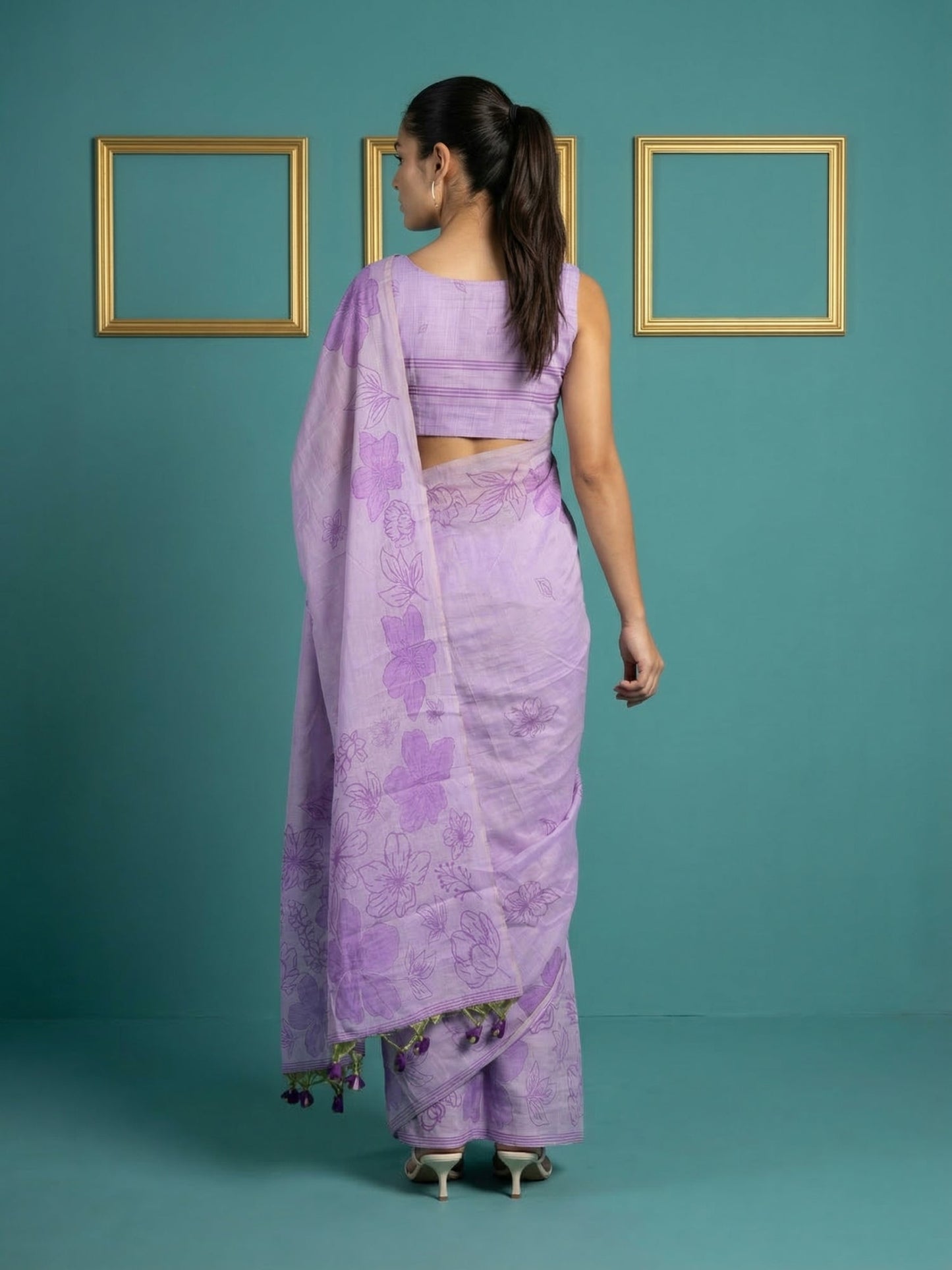Lavender Soft Muga Cotton Saree with Resham Weaving Butties & Floral Pencil Art Pallu