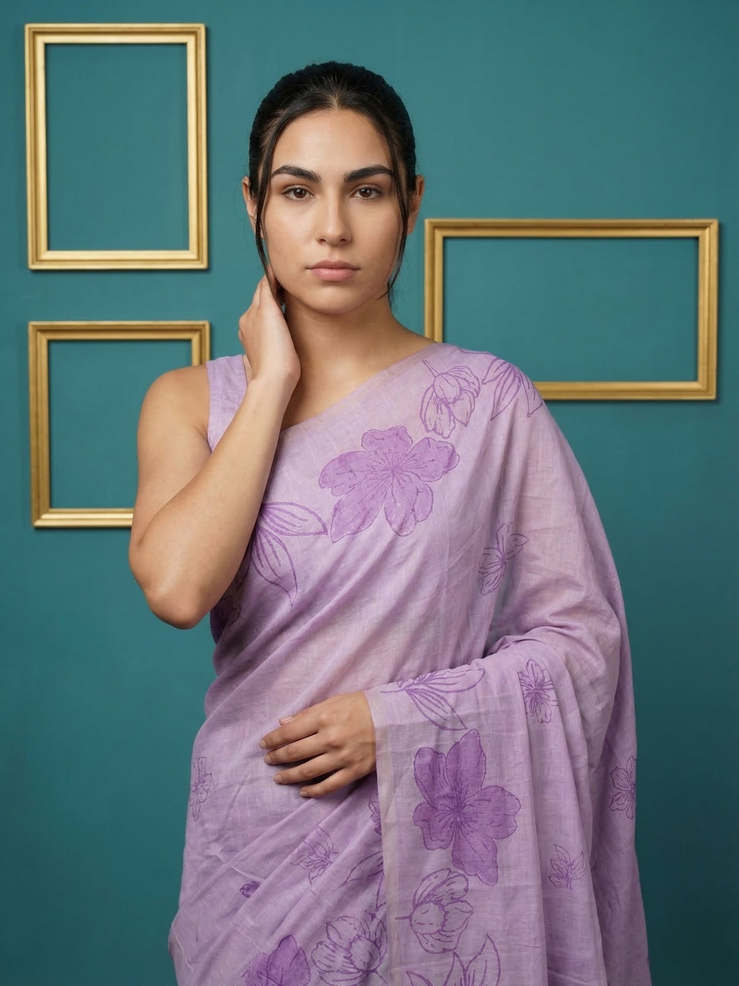 Lavender Soft Muga Cotton Saree with Resham Weaving Butties & Floral Pencil Art Pallu