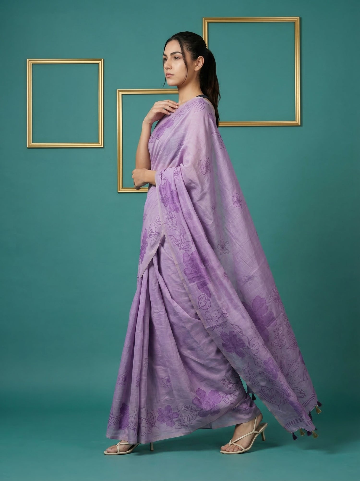 Lavender Soft Muga Cotton Saree with Resham Weaving Butties & Floral Pencil Art Pallu