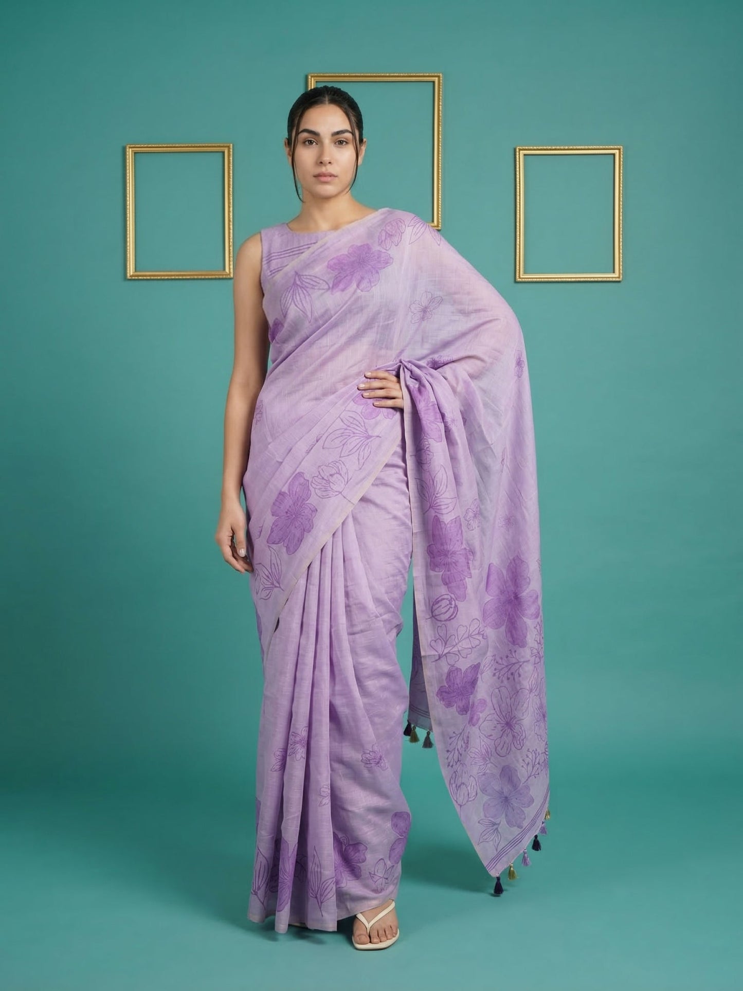 Lavender Soft Muga Cotton Saree with Resham Weaving Butties & Floral Pencil Art Pallu