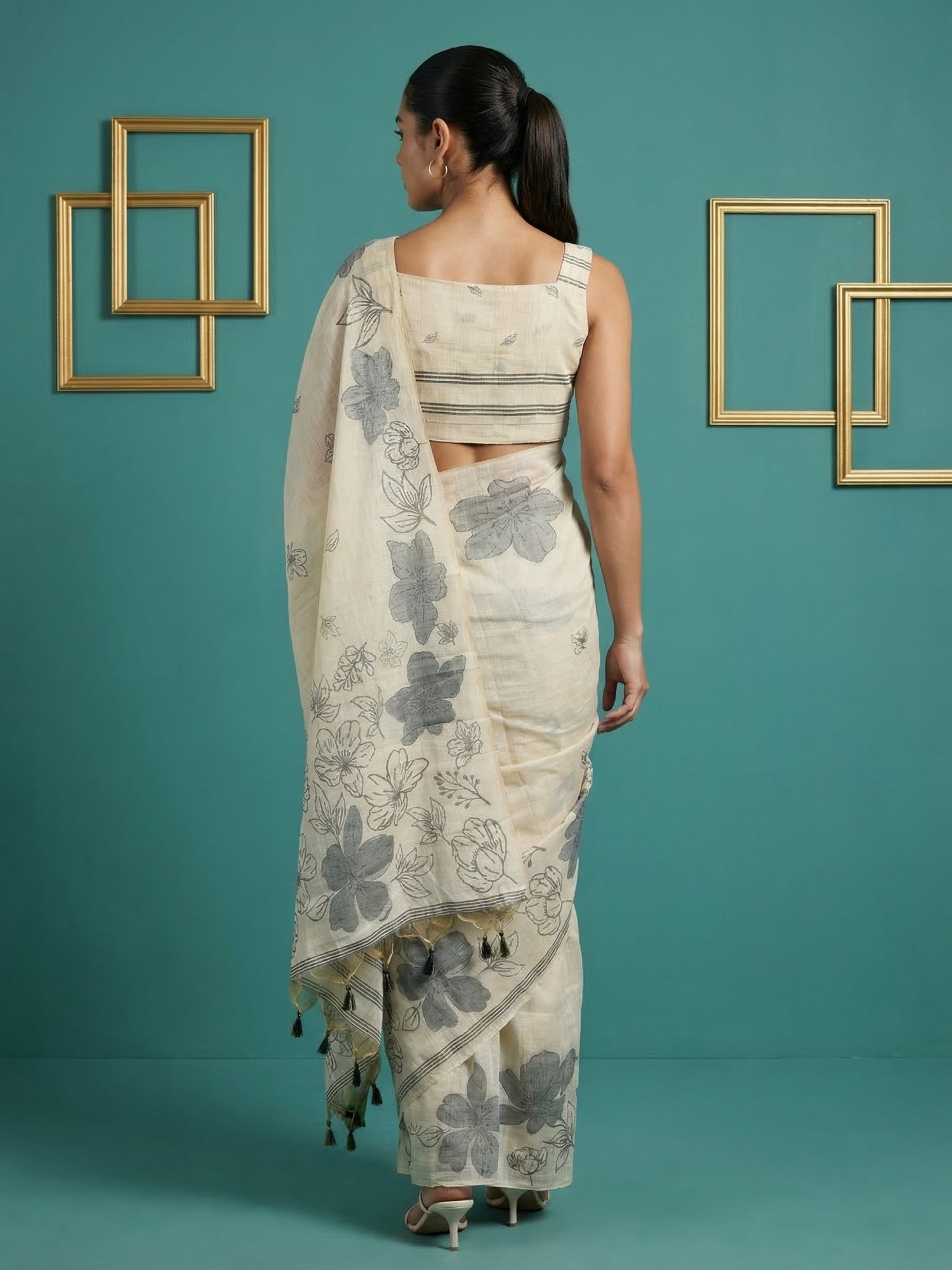 White Soft Muga Cotton Saree with Resham Weaving Butties & Floral Pencil Art Pallu