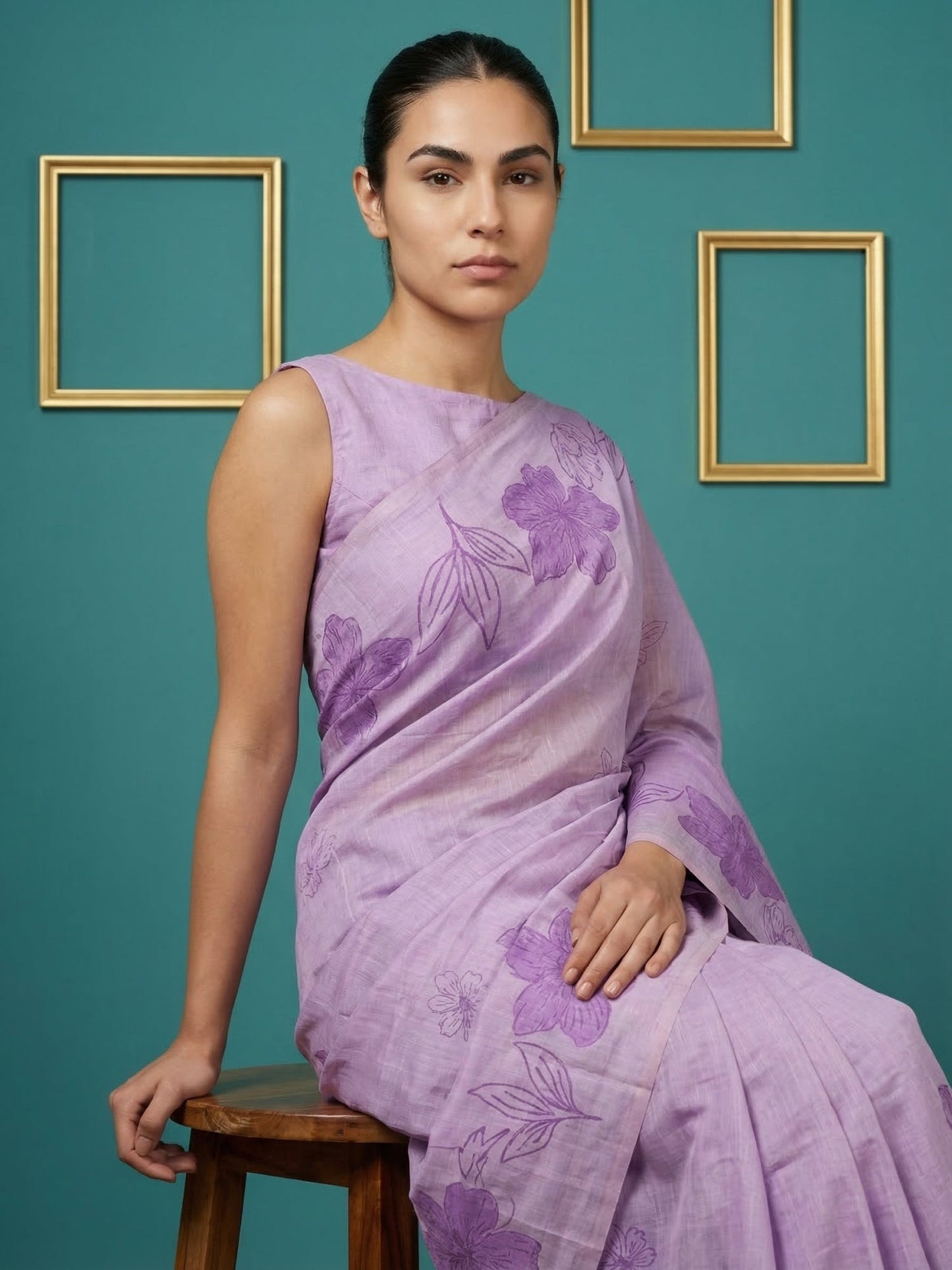 Lavender Soft Muga Cotton Saree with Resham Weaving Butties & Floral Pencil Art Pallu
