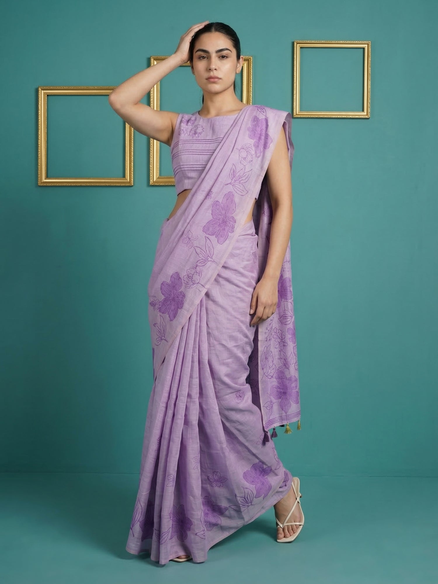 Lavender Soft Muga Cotton Saree with Resham Weaving Butties & Floral Pencil Art Pallu
