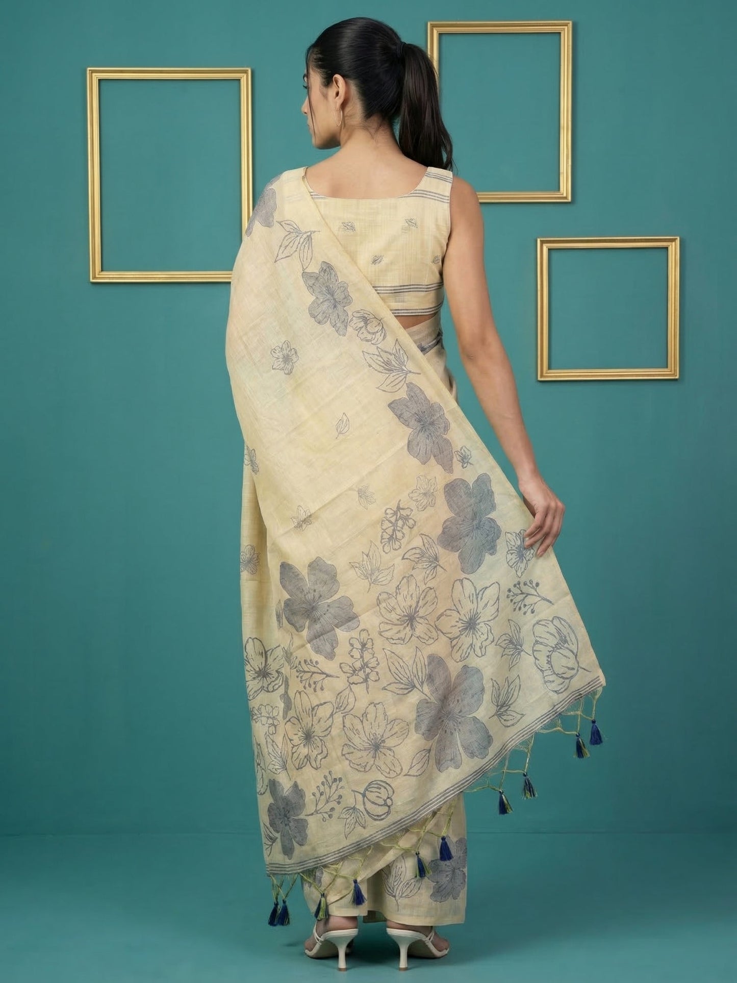 Chickoo Soft Muga Cotton Saree with Resham Weaving Butties & Floral Pencil Art Pallu